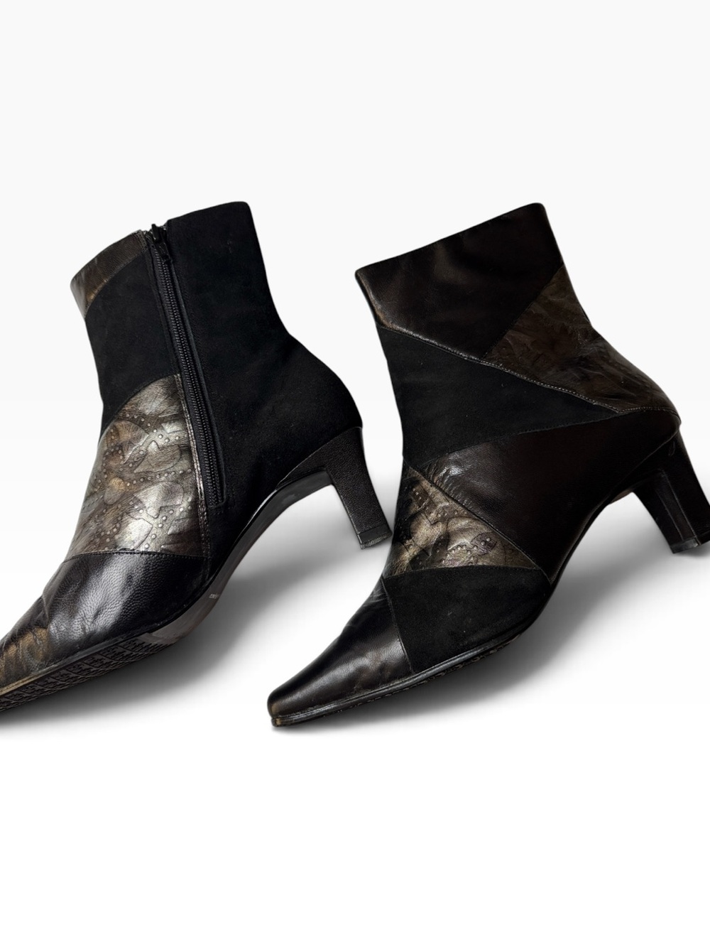 Monzo Franco Black Metallic Leather Pointed Toe Patchwork Ankle Boots 9w